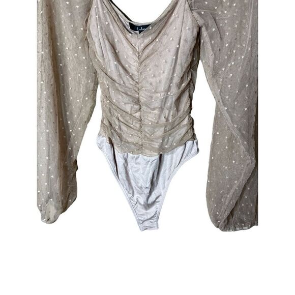 Lulus Ruching Around Town Beige Swiss Dot Long Sleeve Bodysuit‎ Size XS - Picture 3 of 9